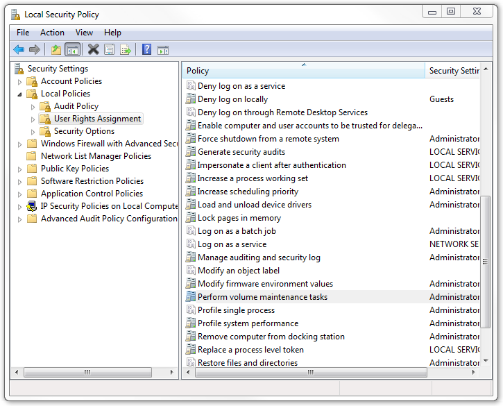 Local Security Policy: Perform volume maintenance tasks