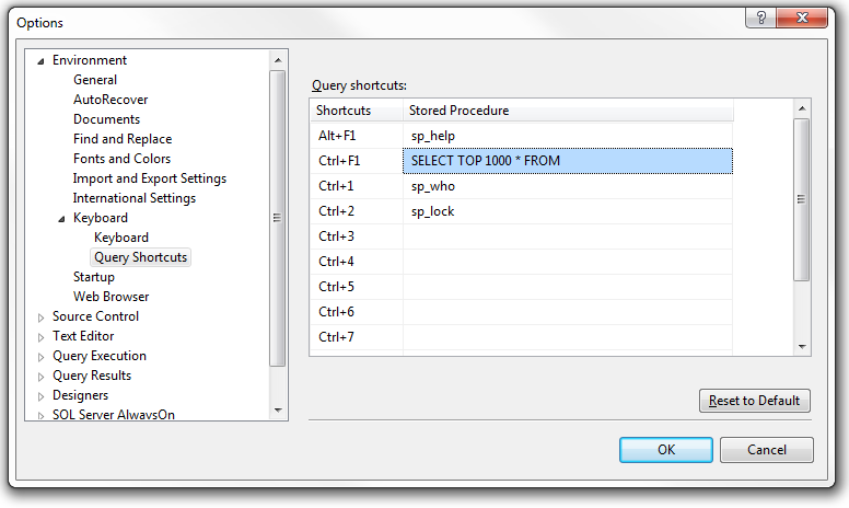 SELECT TOP query editor shortcut