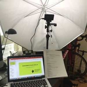 My on-line presentation setup - LED video light, bounced off an umbrella. Logitech webcam right on the top of the laptop screen.